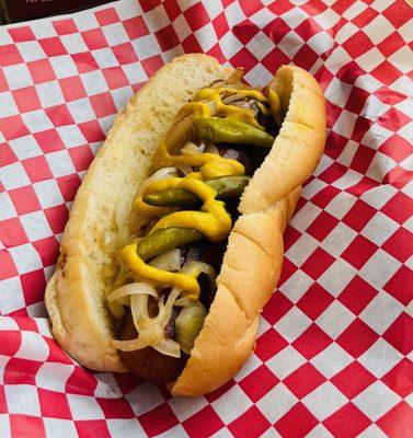 New Polish Sausage Dog.  Sport peppers, mustard, grilled onions.