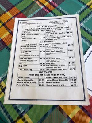 Sandwich Menu