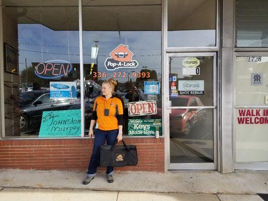 Natalie out front at our store.