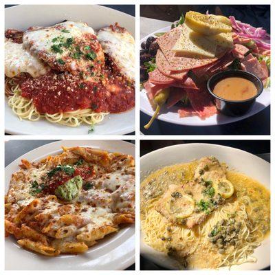 Eggplant parmesan, baked ziti, veal piccata, and a half order of antipasto salad