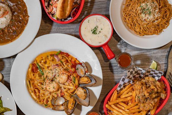 From seafood boils to pasta to gumbo and fries food. We have it all!