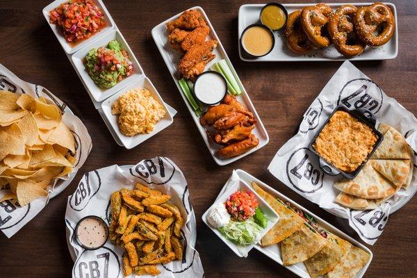 Fried Pickles, Das Pretzels, Buffalo Chicken dip, Quesadillas, Tortilla Chips 3-ways, and Wings