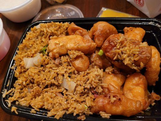 Chicken with pork fried rice.