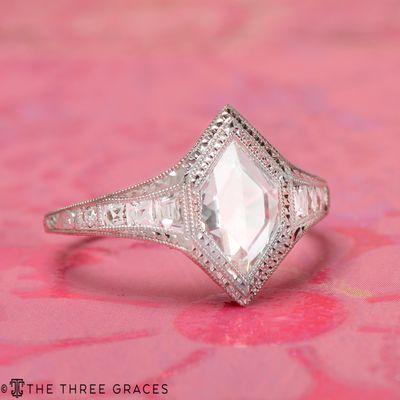 Exquisite Custom Made Designed Rare Rose Cut Hexagon F Color VS1 GIA &amp; French Cut Diamond Platinum Ring.