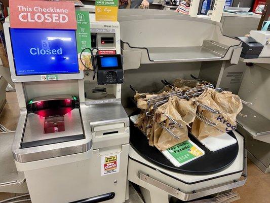 Kroger is cutting back on labor costs by laying off some of their self checkout registers