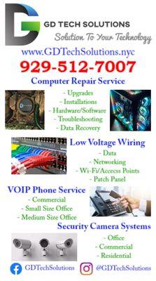 Computer repair services, low voltage wiring, VOIP Phone Service Provider, Security Camera Installations