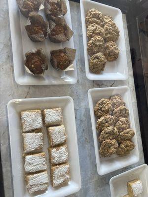 Lemon bars, pumpkin muffins and oatmeal and caramel chip cookies