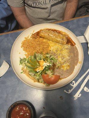 Enchilada and avocado tostada combo plate