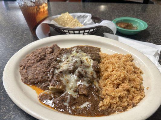 Great cheese enchiladas with Carne Guisada, with rice and beans