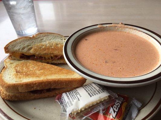 Tomato soup and grilled cheese / bacon sandwich