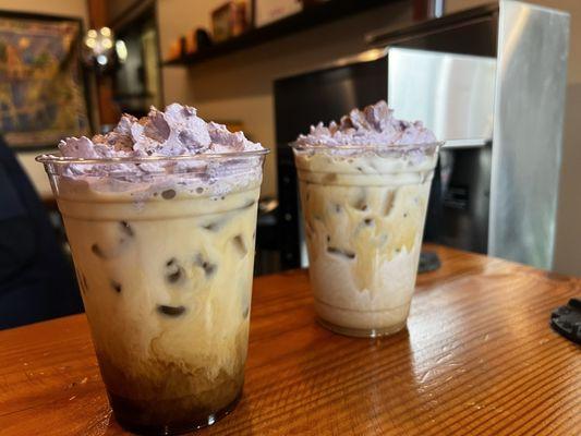 Chai with Ube Whip and Coconut Milk Cold Brew with Ube Whip