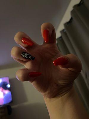 Full set acrylic nails red and black with free hand nail art