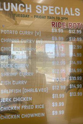 Menu with prices