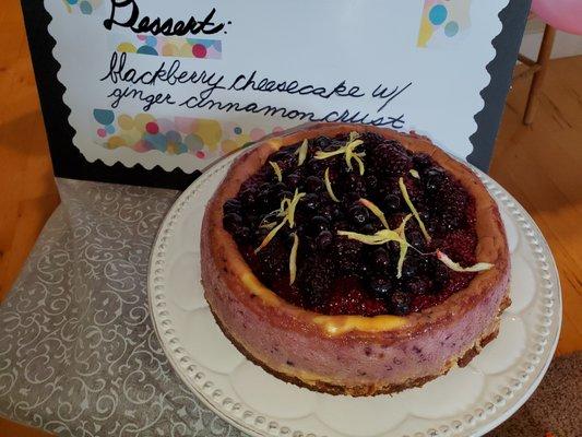 Blackberry Cheesecake with a ginger cinnamon crust specially made for a birthday party.