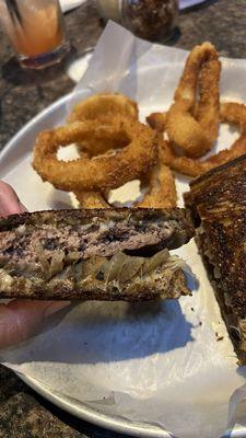 Patty melt with onion rings