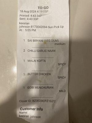 Receipt of what I ordered. CHECK YOUR FOOD BEFORE YOU LEAVE!