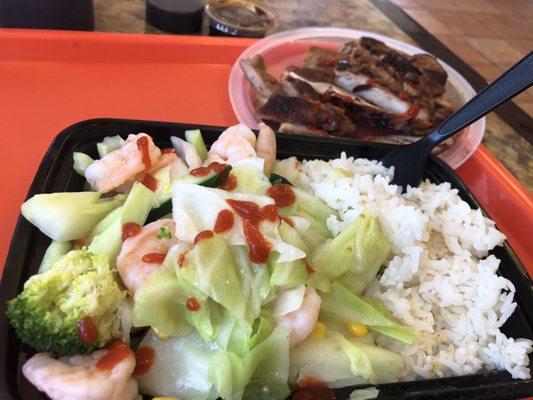 shrimp bento with terriyaki chicken $8.99+$2.99