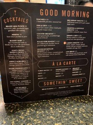 Breakfast Menu and cocktails