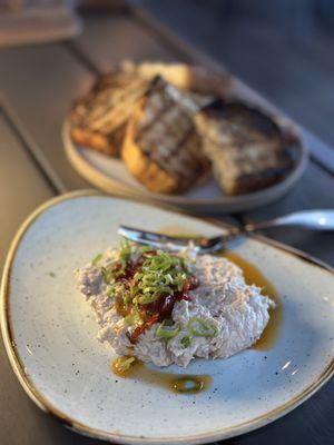 SMOKED BLUEFISH PÂTÉ -local bluefish, calabrian chillies. EVOO, grilled sourdough