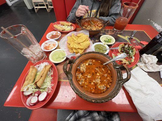 Posole, flautas,  Al Pastor tacos, and Modelo Michelada's.