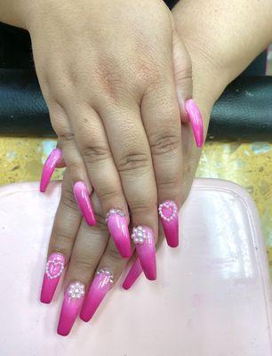 Acrylic full set, ombré, Barbie nails, heart and flower charms, diamonds