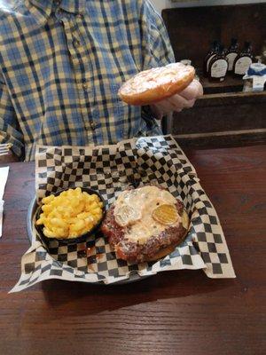 mac and cheese, and grilled burger with 1000 islands and pickles.