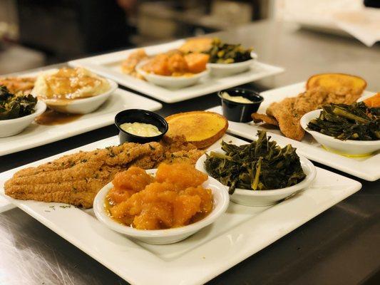 Freshly Battered & Fried Catfish, Fresh Greens & Yams, Hot Water Cornbread.