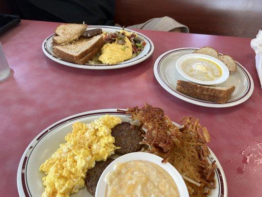 Turkey sausage,scrambled eggs and cheese,hash browns,wheat toast