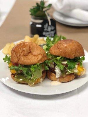 Grilled green chili chicken slider with spicy ranch sauce. So delicious!