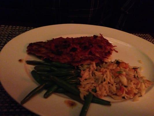 Sole with crab orzo and green beans