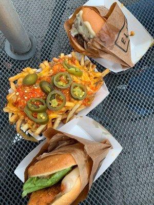 Sriracha Chicken Sandwich, Fiery Fries, Mushroom Swiss Burger