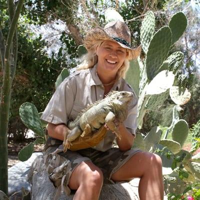 Nancy sporting the typical "Mobile Zoo of Southern California" getup (reptiles included).