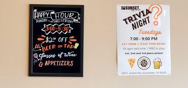 Happy Hour Deals and Trivia Night Hours