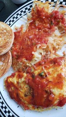 Omelet, hashbrown, English muffin