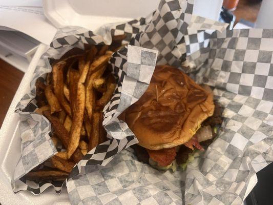 Bacon cheeseburger and fries