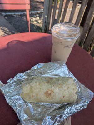 Mexican pulled chicken burrito, with pumpkin spice iced coffee, absolutely the bomb