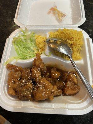 Sesame Chicken combo. Comes with egg roll.