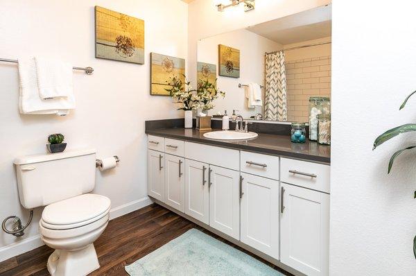 Large Bath Vanity with Quarts Countertops and White Cabinets