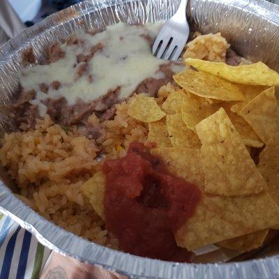 Rice & Bean Plate with a few chips and salsa.