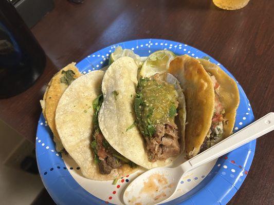 Birria, carnitas, and carne asada tacos!