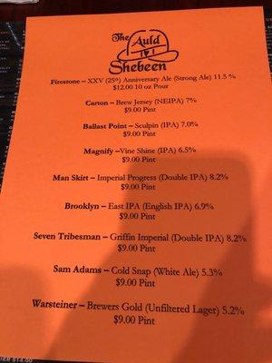 Beer menu