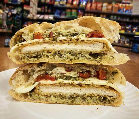 Specialty Sandwich: 12 Bright! Chicken cutlet, mozzarella, roasted red peppers, pesto. On Ciabatta