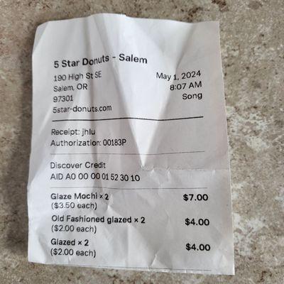 Receipt to display donut prices.