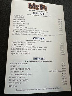 Seafood, Chicken, Entrees Menu