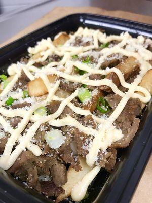 Loaded Truffle Fries: Hand Cut Fries, Truffle Beef, Spring Onions, Parmesan Cheese and Truffle Dressing! Boom!