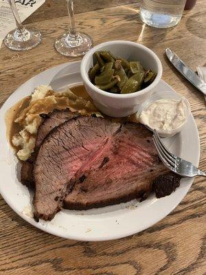 Roast Beef Special w green beans, mashed potatoes and gravy, and horseradish sauce.