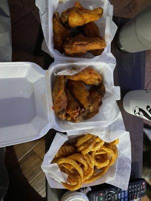 From left to right: hot Buffalo, spicy korean & curly fries