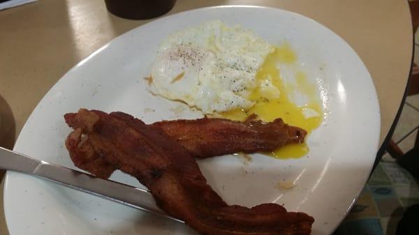 Best bacon and eggs ever. Bacon is thick and crispy.