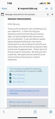 Premium parking response via BBB stating that they will issue a refund but have still not received said refund.