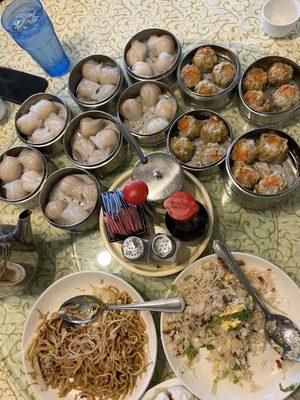 Har gao, siomai, fried rice and fried noodles